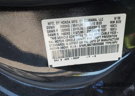 2009 Honda Odyssey Ex-L z USA, uszkodzony, nr VIN 5FNRL38679B009396